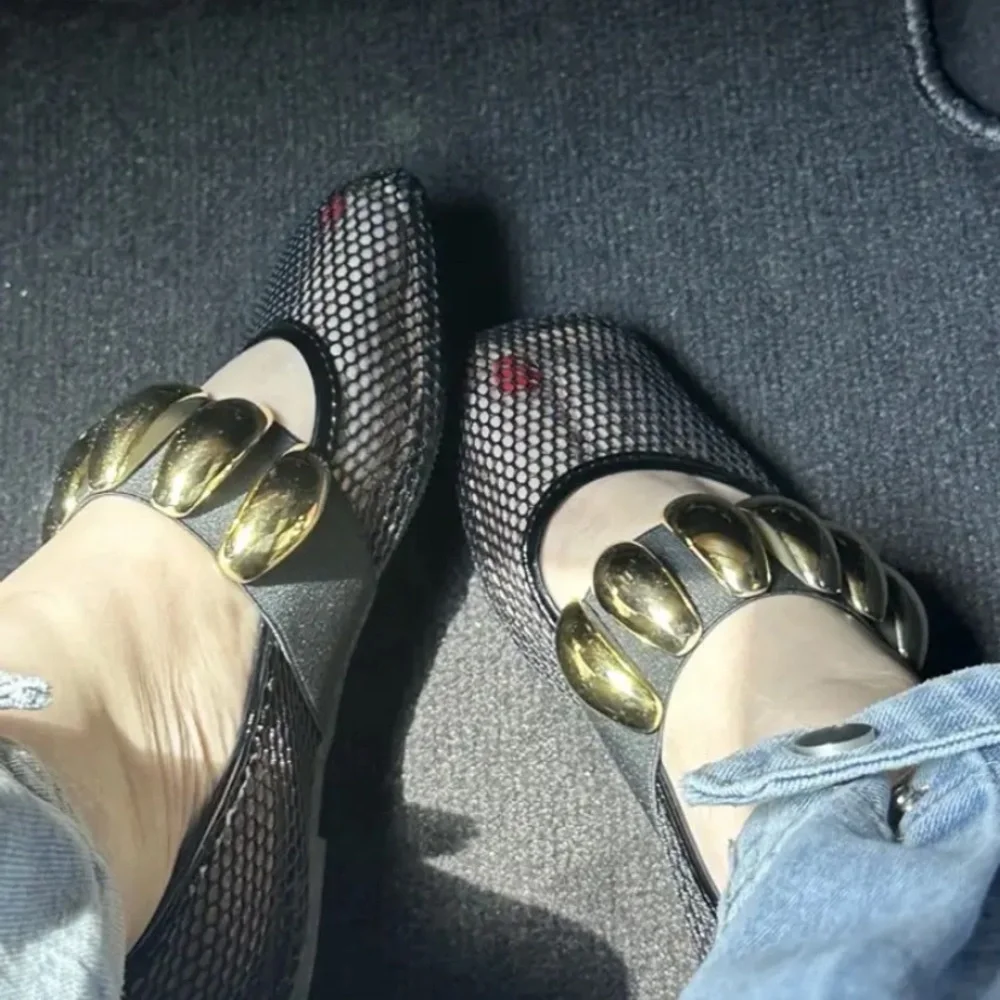 New Fishnet Mesh Ballet Flats Gold Metallic Buckle NWT Black Slip On Square Toe - Picture 7 of 9